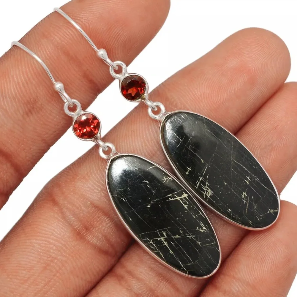 Pyrite in Basalt sterling silver earrings with Garnet or Onyx - Picture 1 of 4